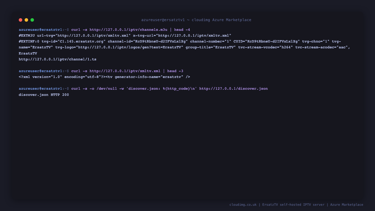 The ErsatzTV M3U playlist and XMLTV guide served unauthenticated, and the HDHomeRun discover.json endpoint returning HTTP 200