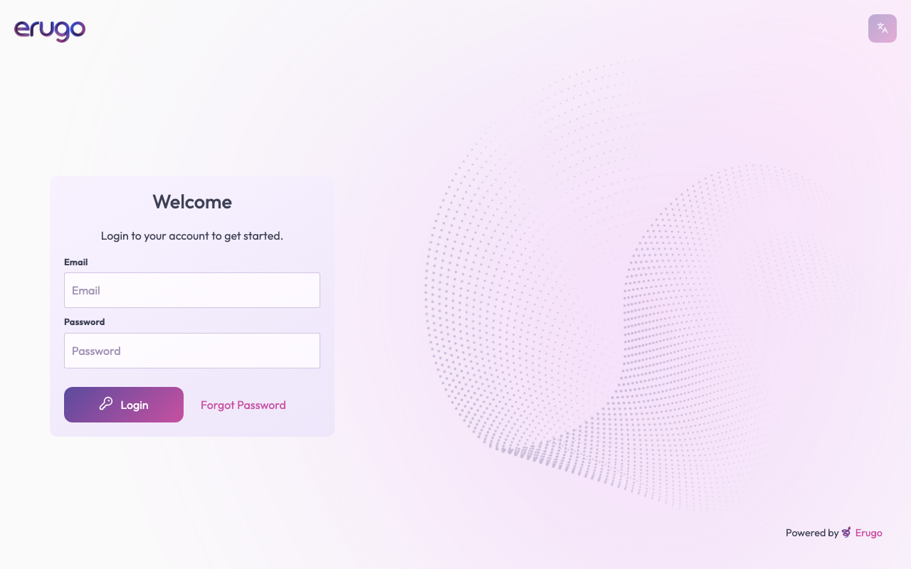 The Erugo sign-in page with the e-mail and password fields