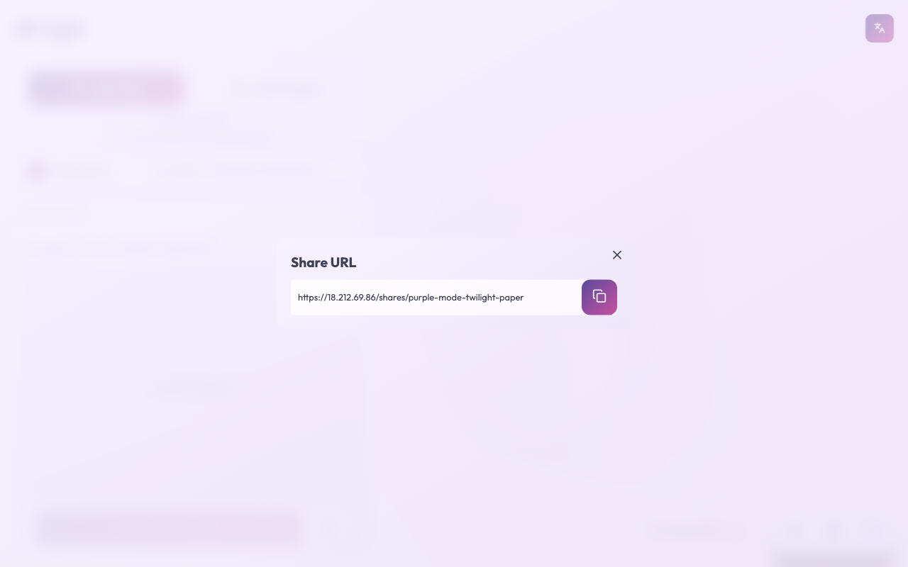 The Share URL dialog showing the new link https://public-ip/shares/purple-mode-twilight-paper with a copy button