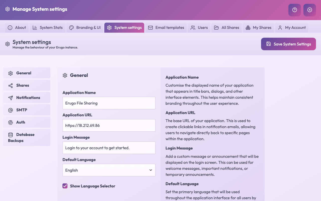 The Erugo System settings page with the General section showing the application name and the Application URL set to the instance's https address