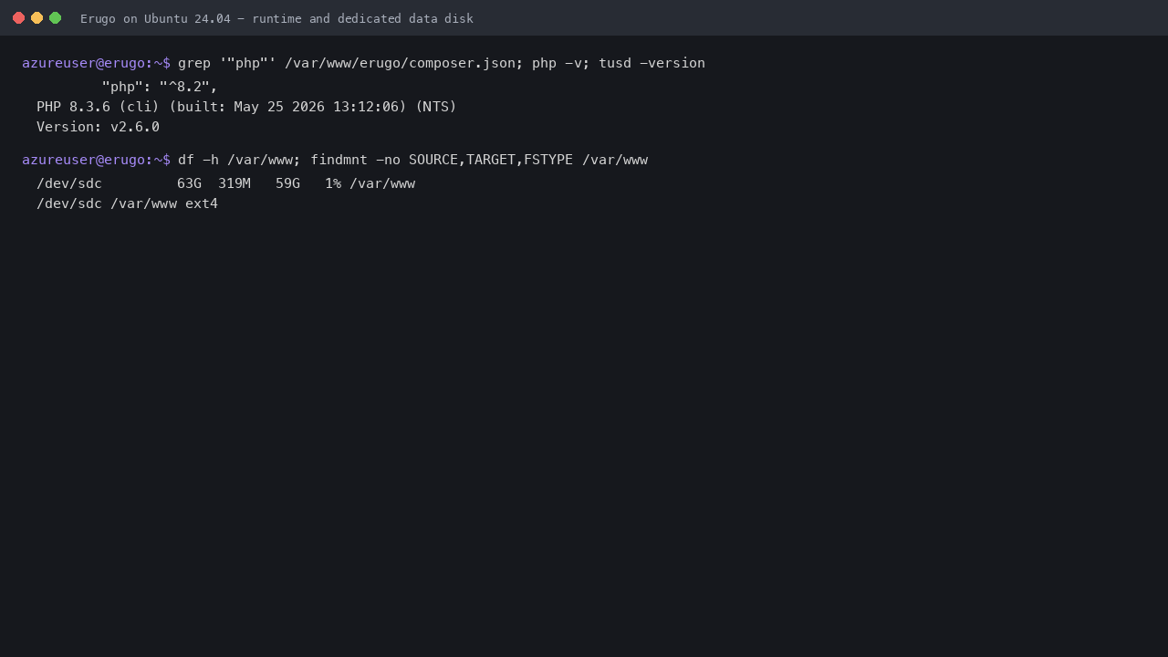 Erugo runtime versions and dedicated data disk