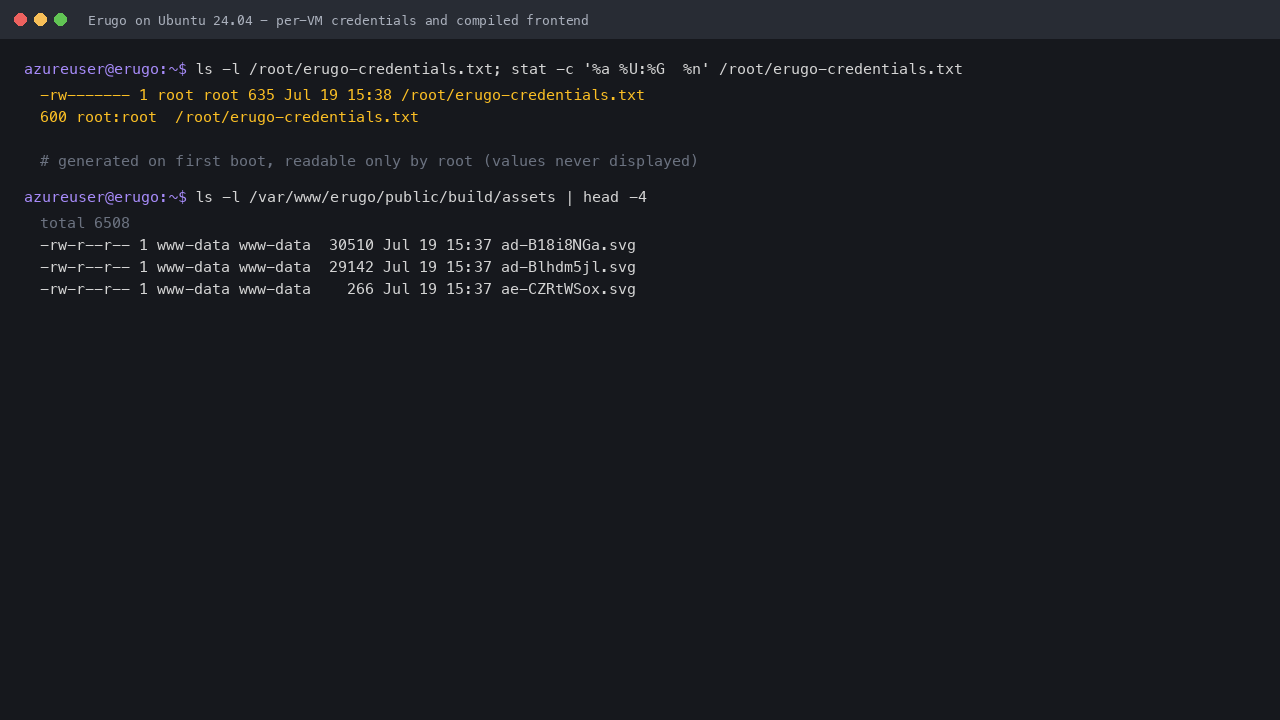 Per-VM Erugo credentials file and compiled frontend