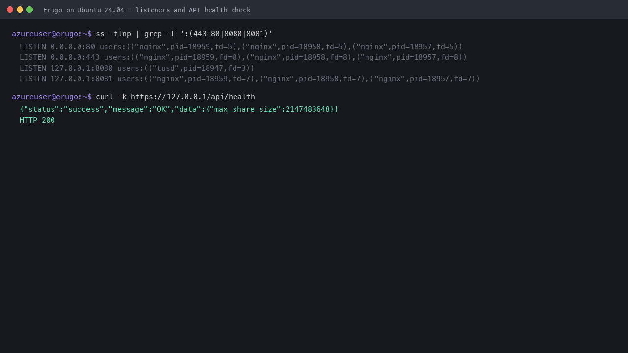Erugo listeners and API health check