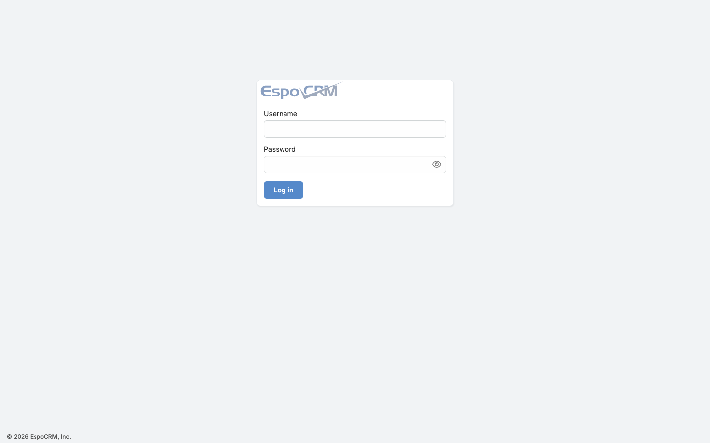 The EspoCRM sign in page with the Username and Password fields and the Log in button