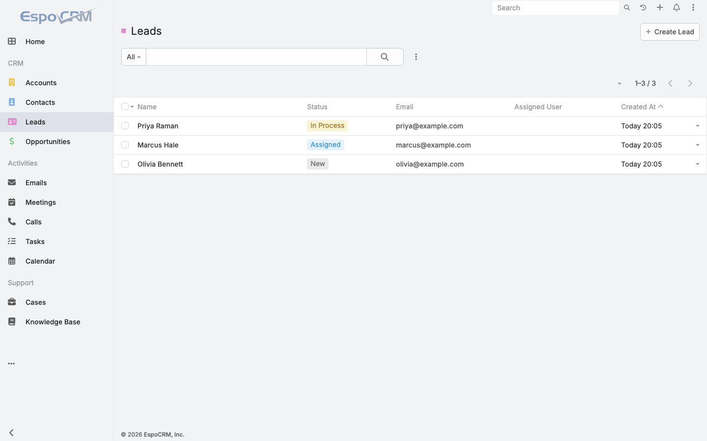 The EspoCRM leads list with three leads, their status and creation time