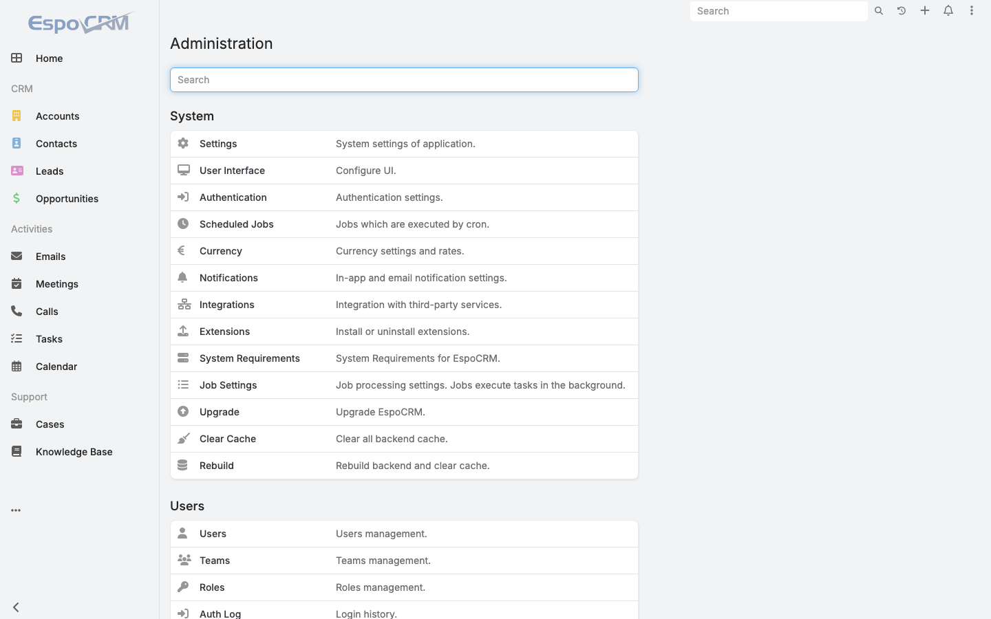 The EspoCRM Administration page with the System and Users sections