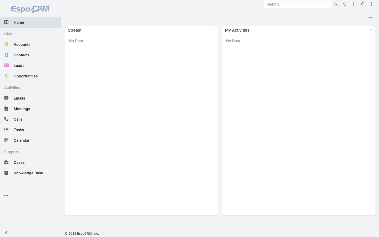 The EspoCRM home dashboard with the Stream and My Activities dashlets and the navigation menu