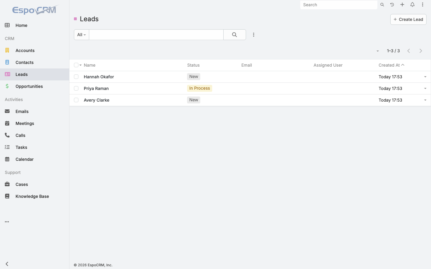 The EspoCRM leads list with three leads, their status and creation time
