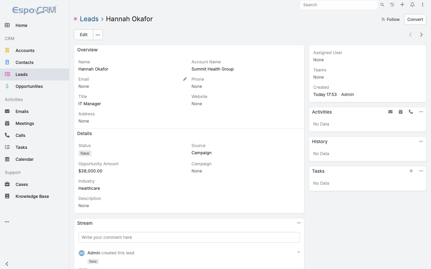 A lead detail view with the Overview and Details panels, the assigned user, activities, history, tasks and the stream