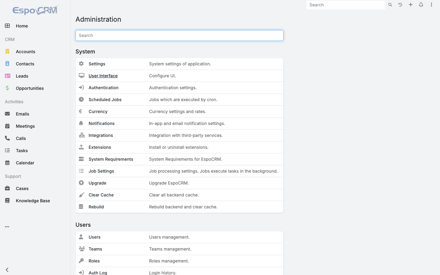 The EspoCRM Administration page with the System and Users sections