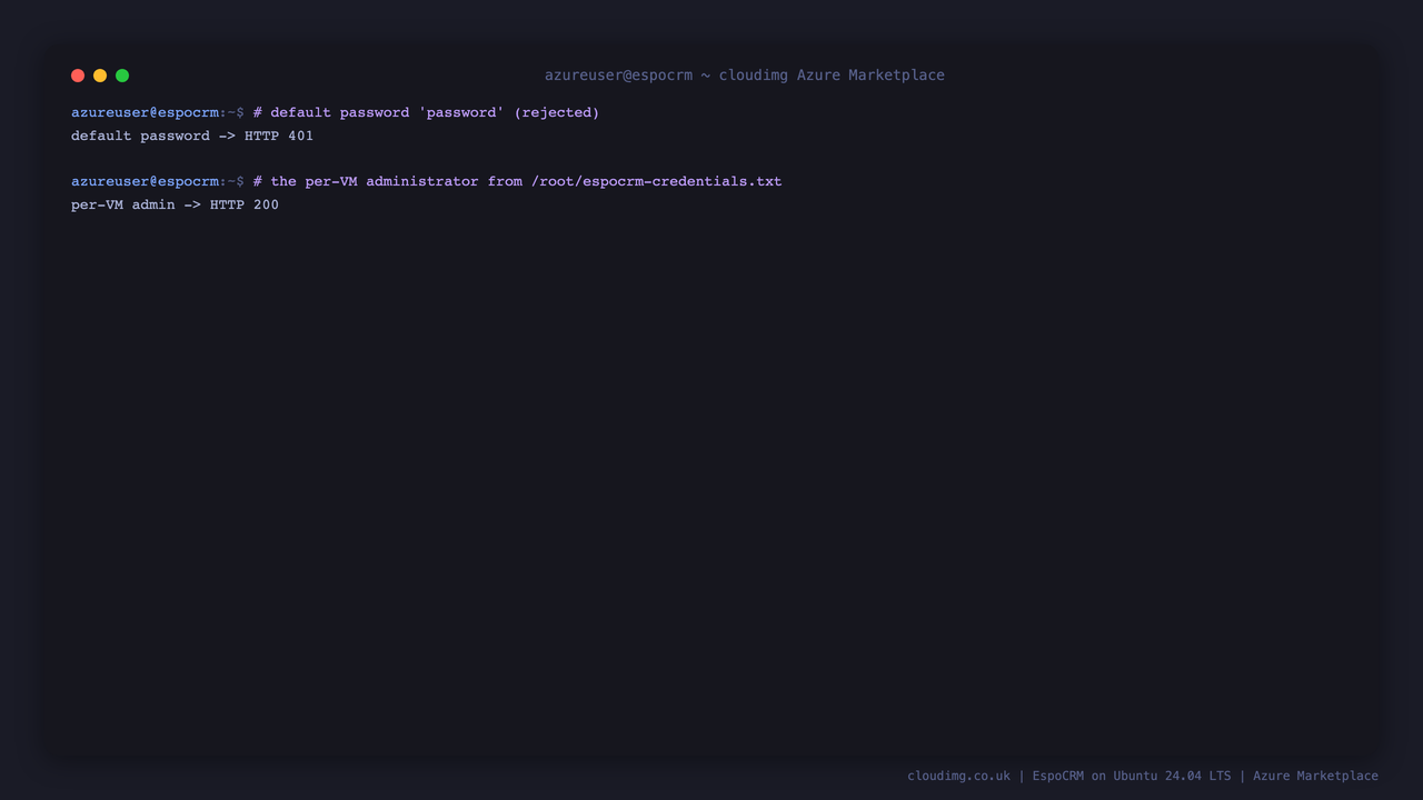 Default password rejected while the per-VM administrator is accepted