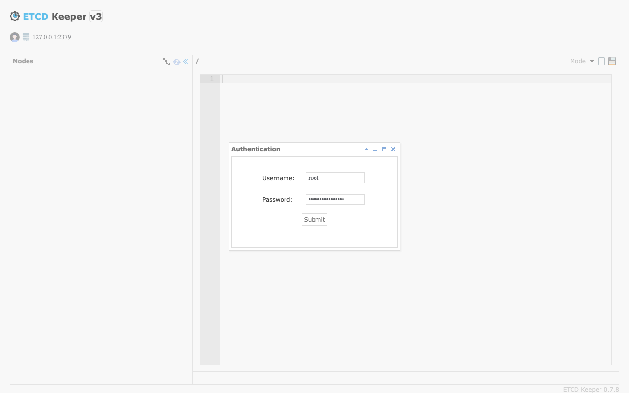 etcdkeeper Authentication dialog asking for the etcd root user and password