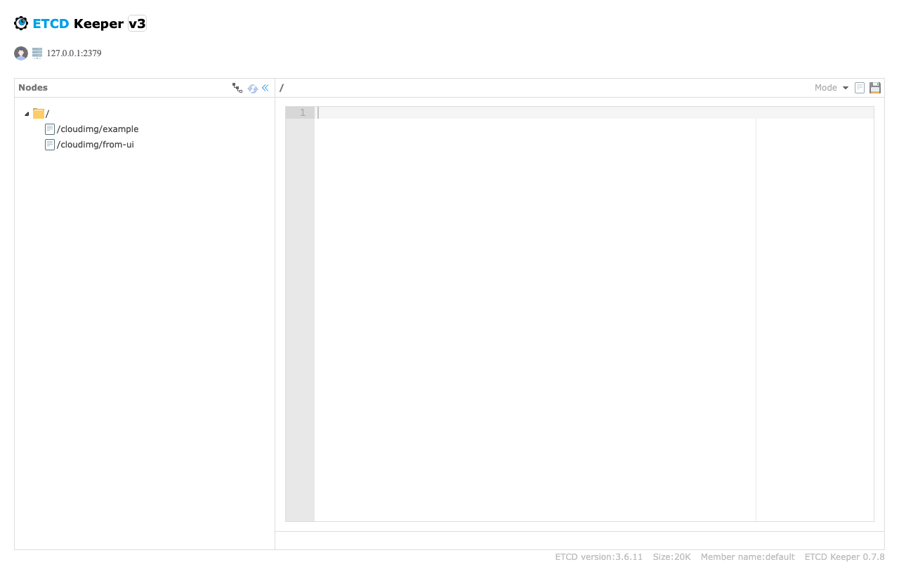 etcdkeeper showing the cloudimg key namespace with example and from-ui populated
