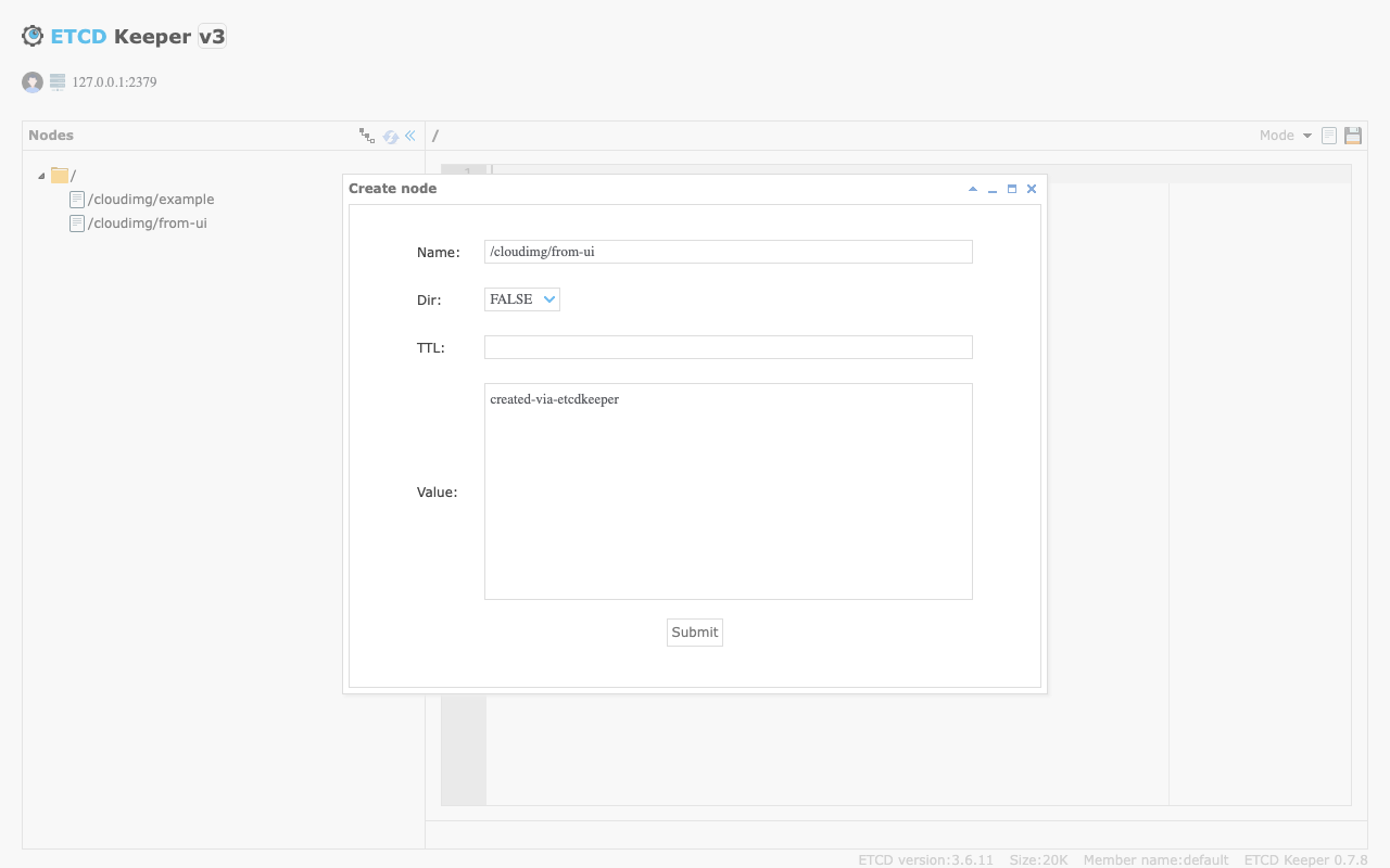 etcdkeeper Create node dialog with /cloudimg/from-ui name and created-via-etcdkeeper value
