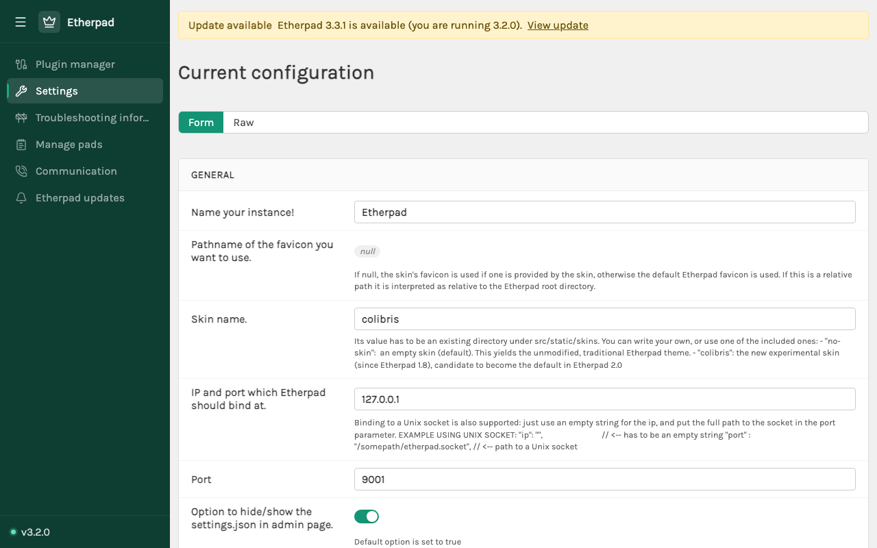 The Etherpad admin settings panel showing the live configuration