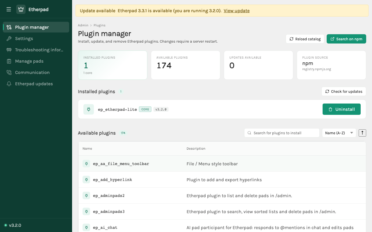 The Etherpad admin plugin manager listing installed plugins
