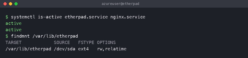 etherpad.service and nginx.service active with the dedicated data disk mounted