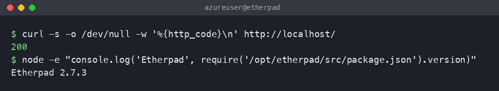Etherpad responding with HTTP 200 and the installed version