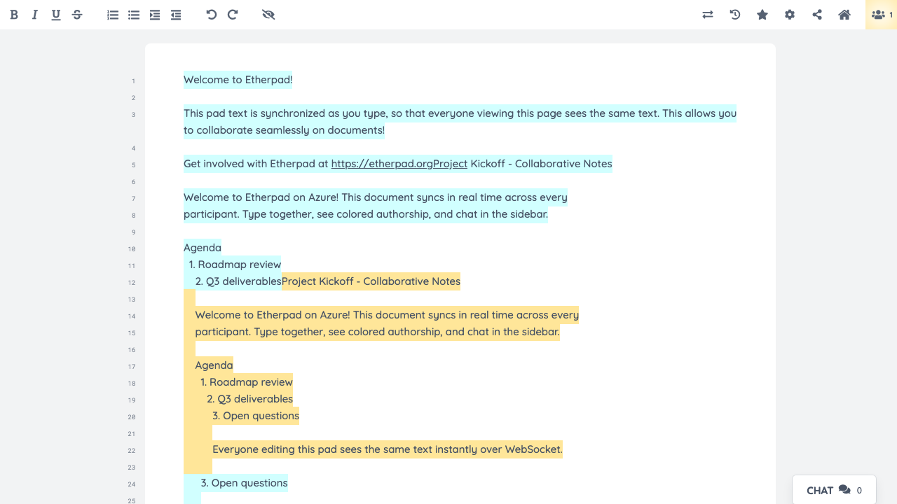 A new Etherpad pad with collaborative colored text and the editor toolbar