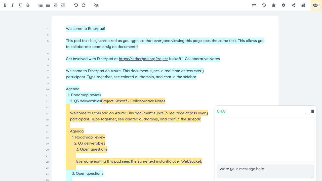 The Etherpad chat panel open beside a collaborative pad