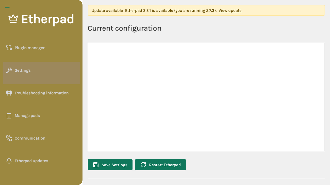 The Etherpad admin settings dashboard