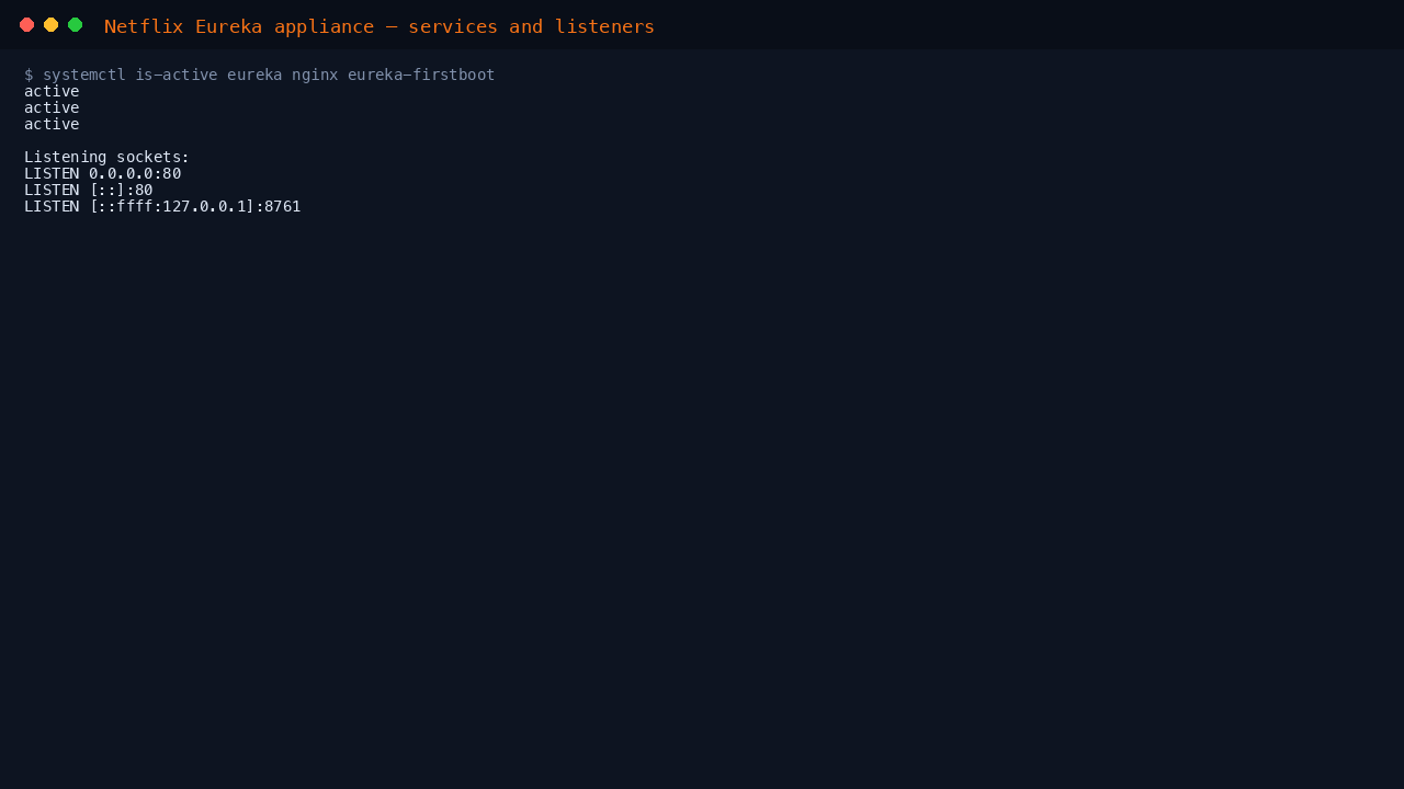 The eureka and nginx systemd services both active, with nginx listening on port 80 while the Eureka server on 8761 is bound to the loopback interface only