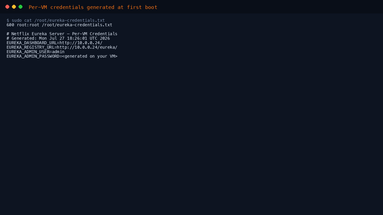The per VM Eureka credentials file, owned root only with mode 600, showing the dashboard URL, the registry URL, the admin username and the generated password masked