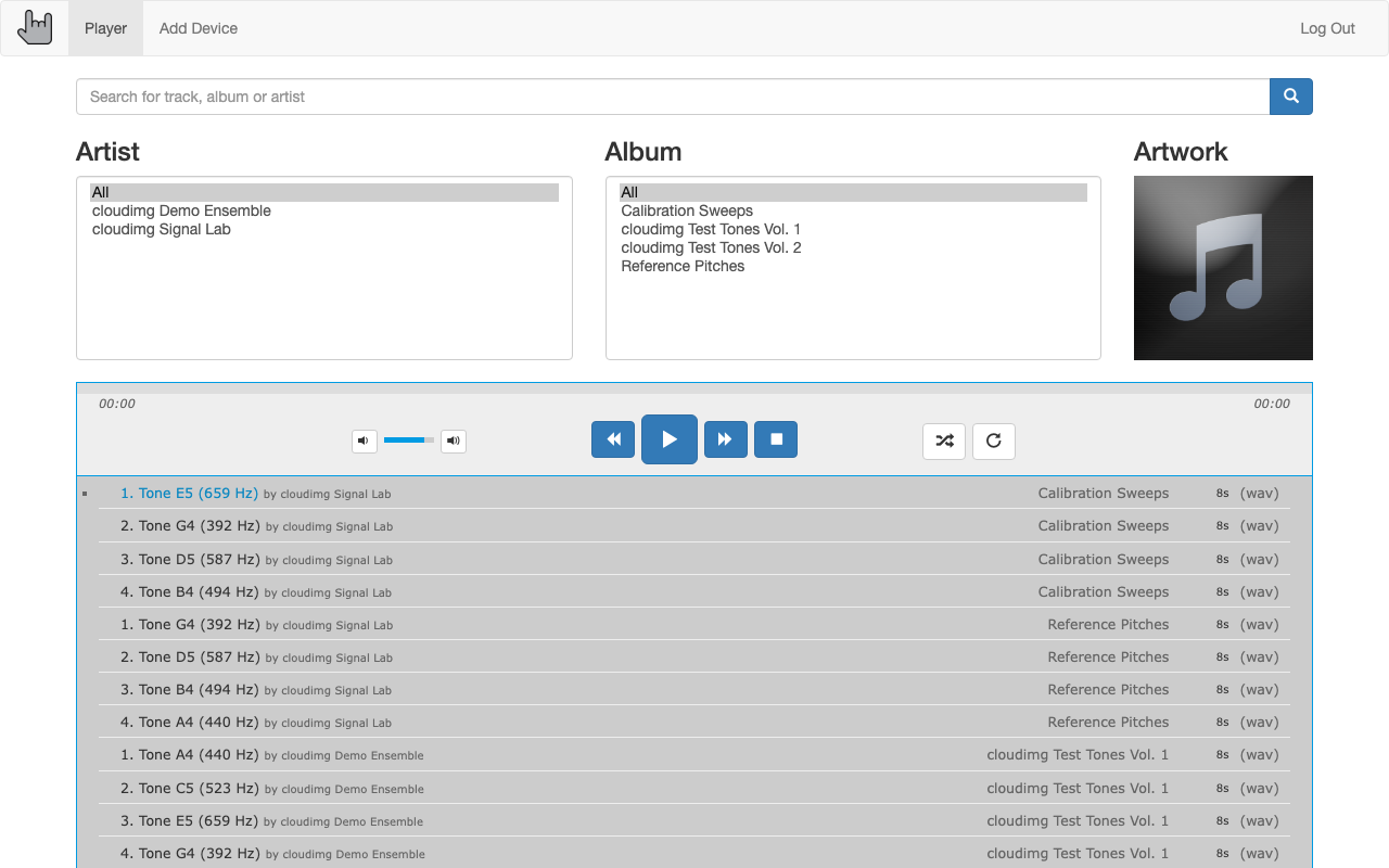 The Euterpe player after Load All Music, listing artists, albums and the queued tracks (cloudimg-generated test tones, not recordings)