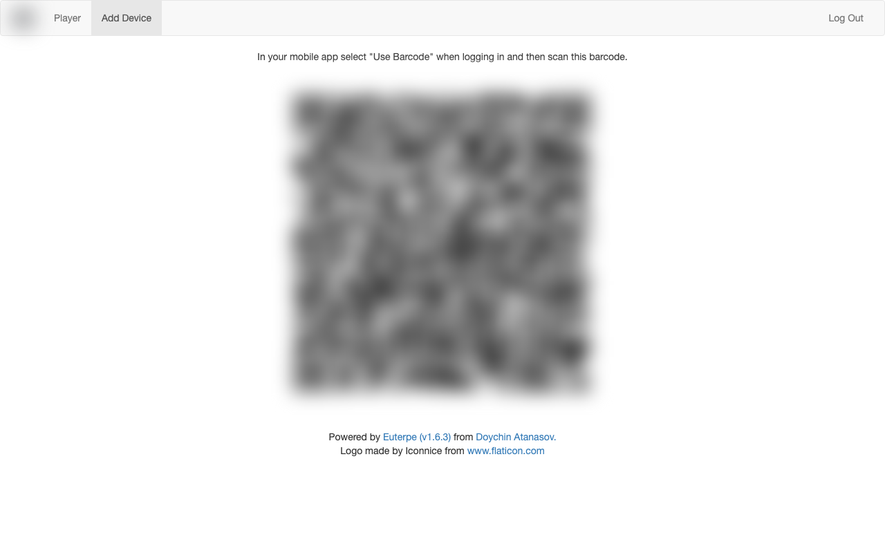 The Euterpe Add Device page with the pairing barcode for the mobile app (blurred here because it carries an API token)