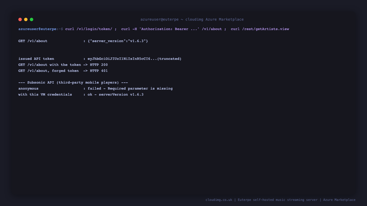 Requesting the server version, exchanging the per VM credentials for a bearer token, that token returning 200 while a forged token returns 401, and the Subsonic API refusing an anonymous call but accepting the per VM credentials