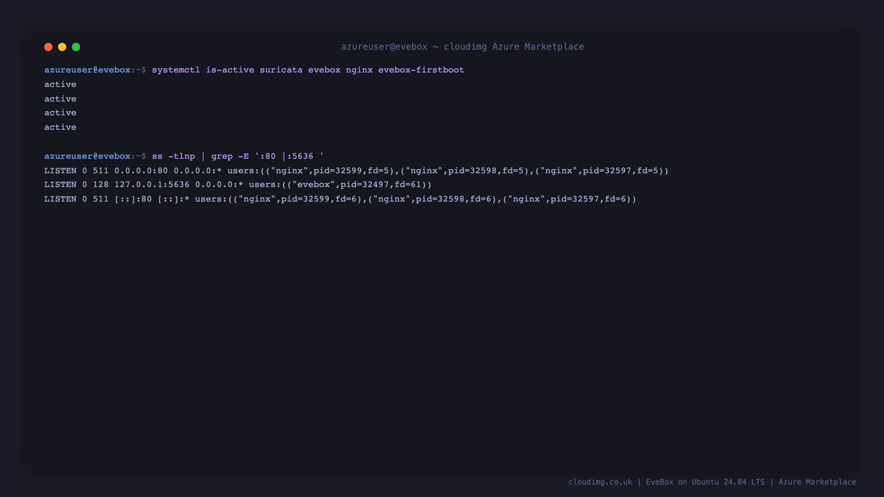 Terminal showing systemctl reporting suricata, evebox, nginx and evebox-firstboot as active, and ss confirming nginx on port 80 with EveBox bound to 127.0.0.1:5636
