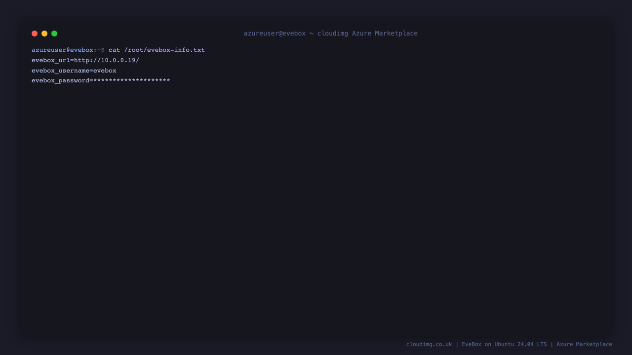 Terminal showing the contents of /root/evebox-info.txt with the console URL, the evebox username and the per instance password masked