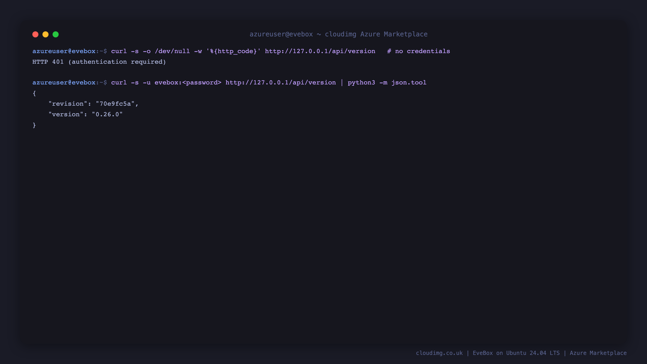 Terminal showing an unauthenticated request to the EveBox API returning HTTP 401, then the same request with the per instance credentials returning the EveBox version as JSON