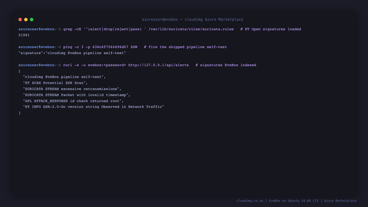 Terminal showing the Emerging Threats rule count, the self test signature written to eve.json by Suricata, and the list of signatures EveBox has indexed returned from the authenticated API