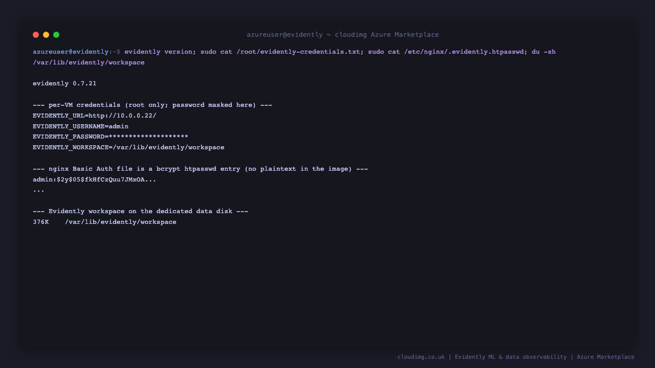 The installed Evidently version, the per-VM credentials file with the generated admin password, the bcrypt nginx Basic Auth entry, and the seeded workspace on the dedicated data disk