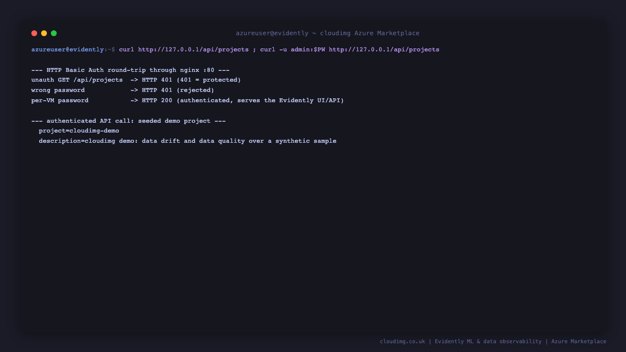 The HTTP Basic Auth round-trip on port 80 returning 401 unauthenticated, 401 for a wrong password and 200 with the per-VM password, plus the authenticated API listing the seeded cloudimg-demo project