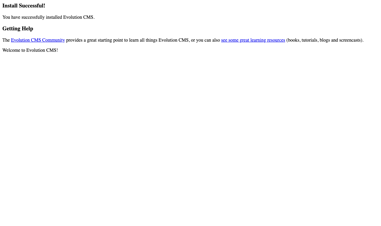 The Evolution CMS starter page of a fresh site, saying the install was successful