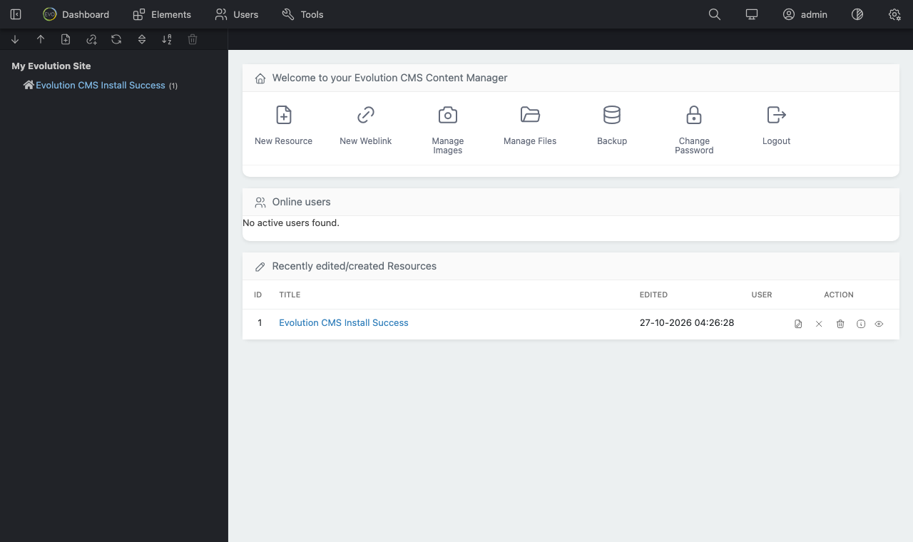 The Evolution CMS Manager dashboard with the welcome panel, the recent resources list and the document tree