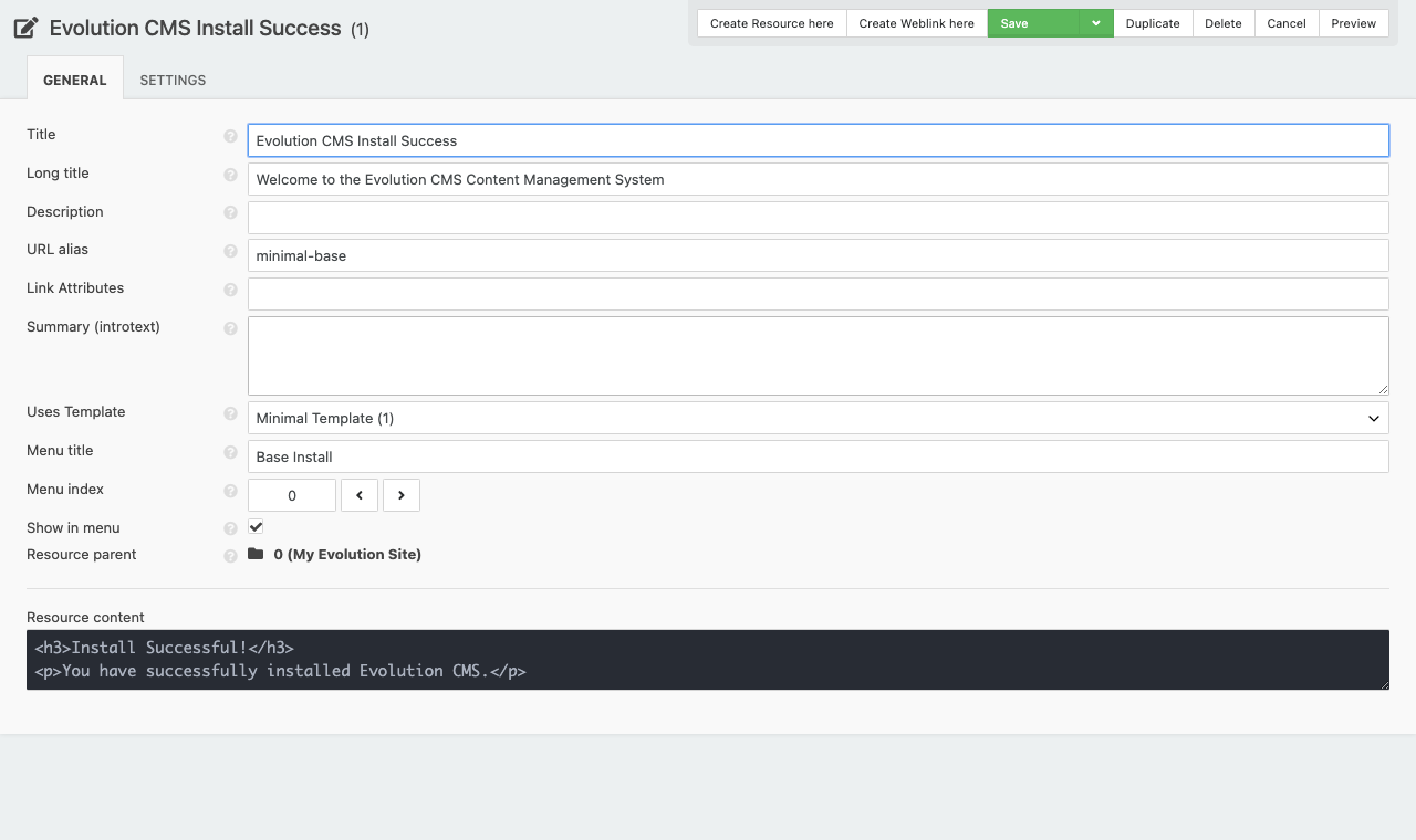 Editing a resource in the Evolution CMS Manager: the title, content editor and document settings