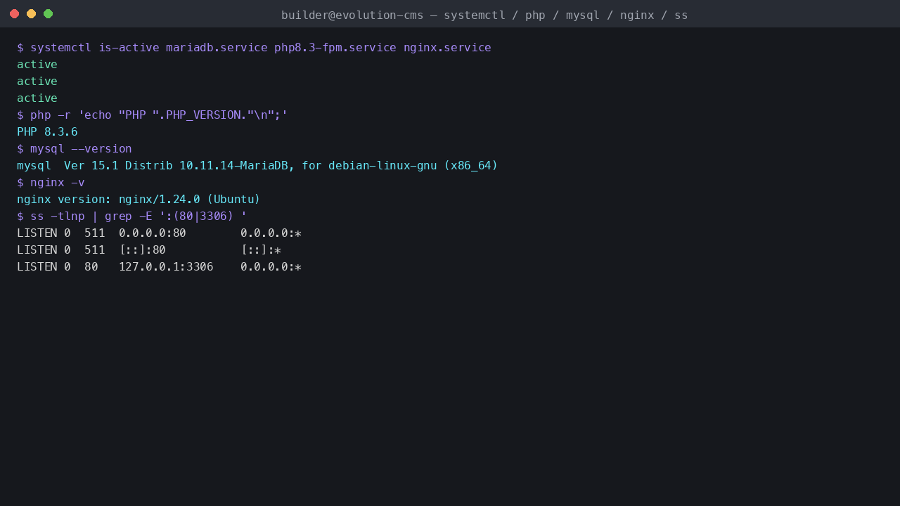 The mariadb, php8.3-fpm and nginx systemd units all reporting active, PHP 8.3.6, MariaDB 10.11.14, nginx 1.24.0, and nginx bound to port 80 while MariaDB stays on loopback 3306