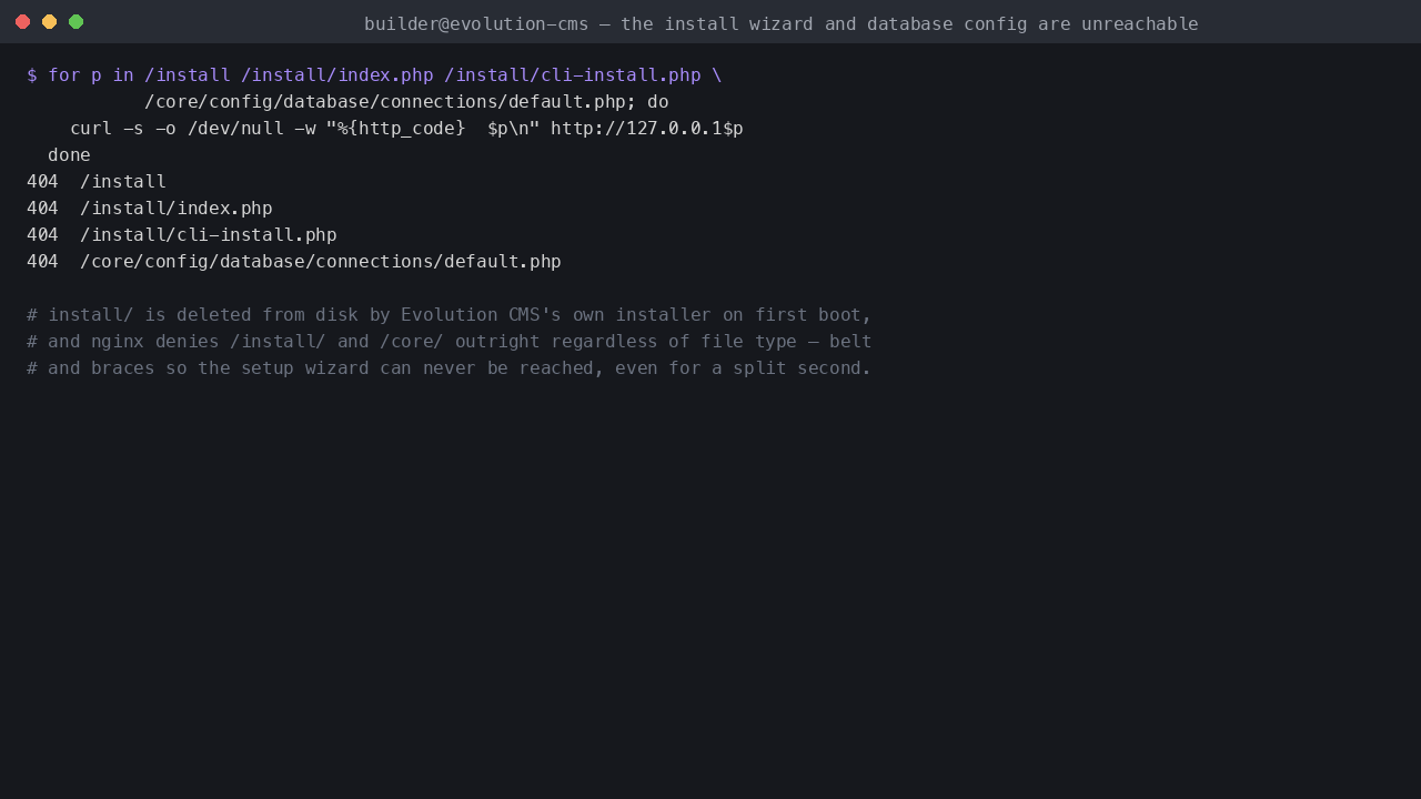 Four HTTP requests to the install wizard and the database configuration file, all returning 404 — the install directory is deleted from disk by Evolution CMS's own installer, and nginx denies it outright regardless of file type