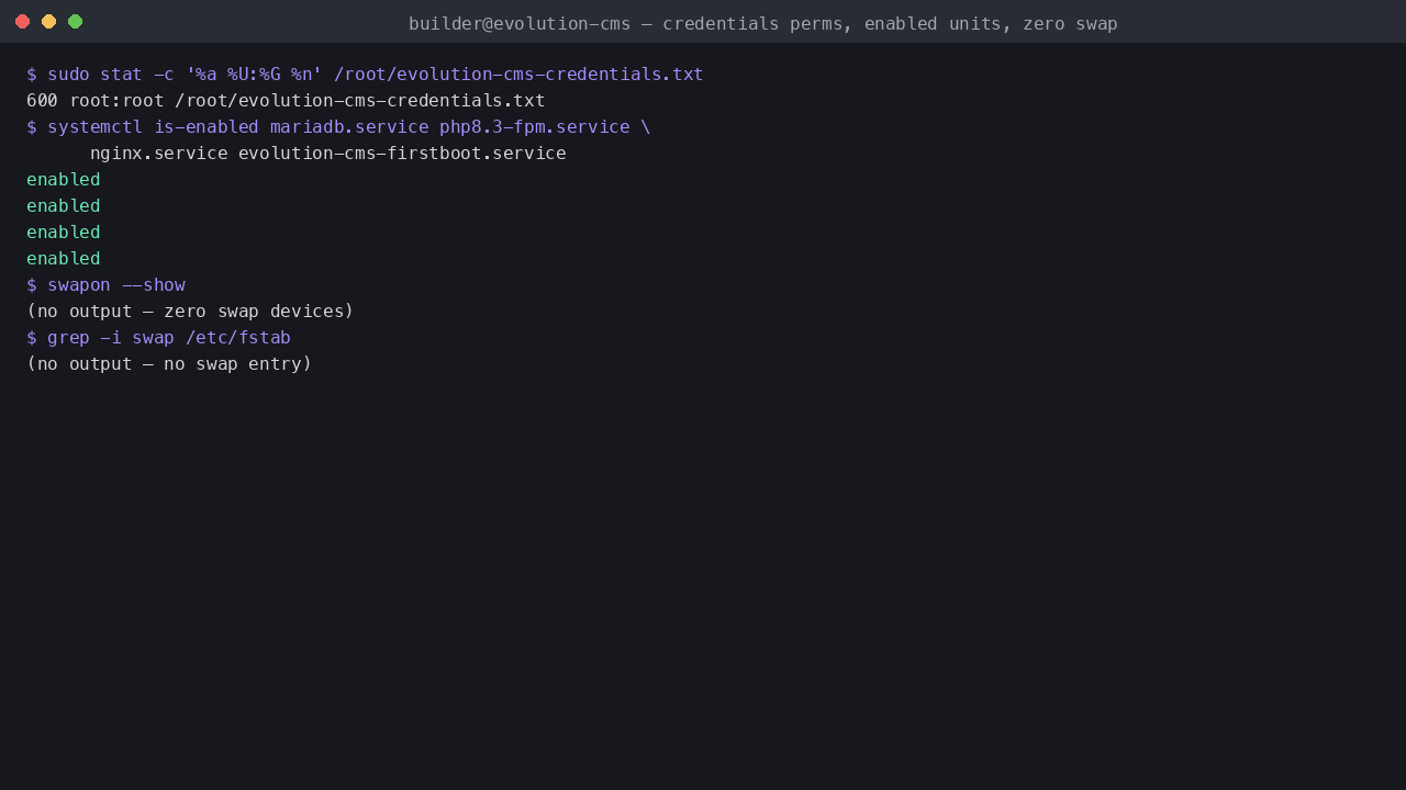 The credentials file at mode 600 owned by root, the mariadb, php8.3-fpm, nginx and first-boot units all enabled, and no output from swapon — zero swap devices on the OS disk