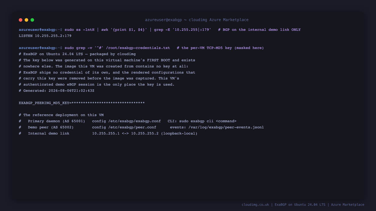 ss showing BGP bound to the internal demo link only, and the per-VM TCP-MD5 key record
