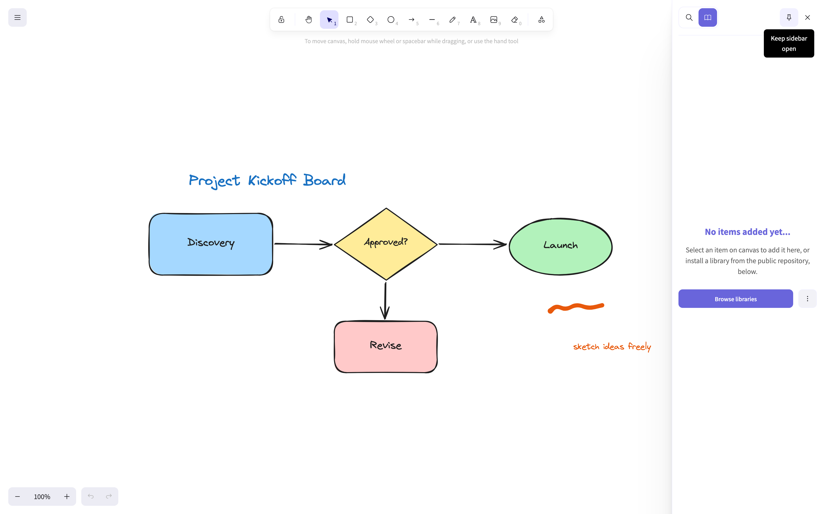 The Excalidraw shape library panel alongside the drawing tools