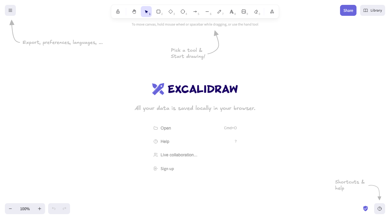 The Excalidraw whiteboard canvas with the drawing toolbar