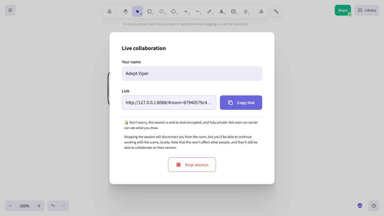 The Live collaboration dialog showing the self-hosted room link