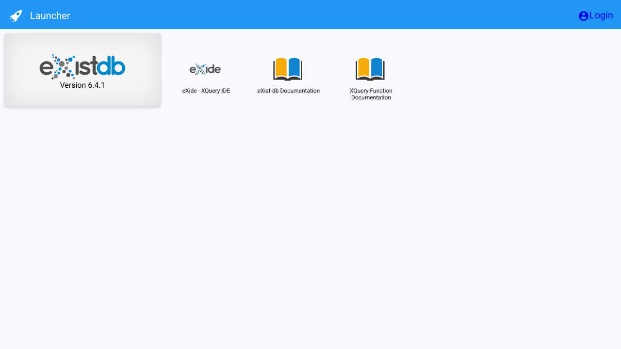 The eXist-db 6.4.1 Dashboard launcher served by the cloudimg image before sign-in, showing eXide, the eXist-db documentation and the XQuery function documentation, with the Login button at the top right