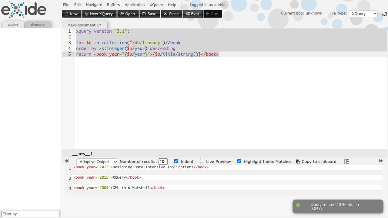 The eXide XQuery IDE logged in as admin, evaluating a FLWOR query over the /db/library collection with the three books returned newest first in the results panel