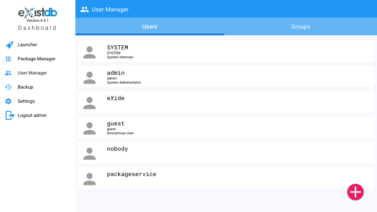 The eXist-db Dashboard User Manager listing the SYSTEM, admin, eXide, guest, nobody and packageservice accounts
