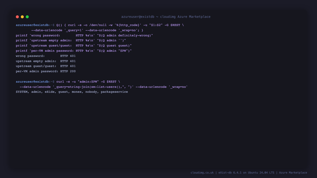 The authentication wall: a wrong password, the upstream empty admin password and the upstream guest/guest pair all returning HTTP 401 while the per-VM password returns HTTP 200, followed by the full account list